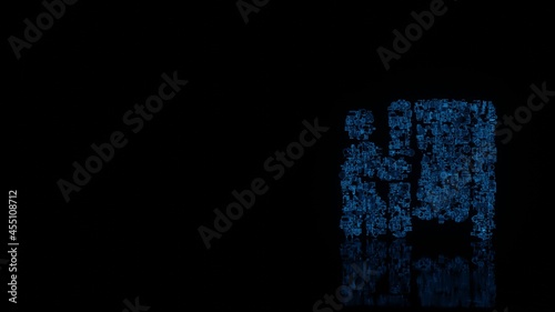 3d rendering mechanical parts in shape of symbol of person booth isolated on black background with floor reflection