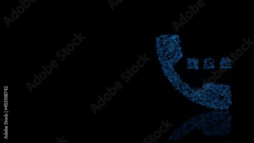 3d rendering mechanical parts in shape of symbol of phone isolated on black background with floor reflection