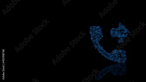 3d rendering mechanical parts in shape of symbol of phone isolated on black background with floor reflection