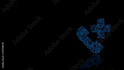 3d rendering mechanical parts in shape of symbol of phone call isolated on black background with floor reflection