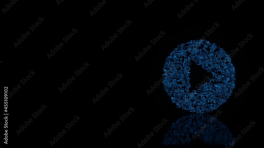 3d rendering mechanical parts in shape of symbol of play button isolated on black background with floor reflection 3d rendering mechanical parts in shape of symbol of play button isolated on black background with floor reflection