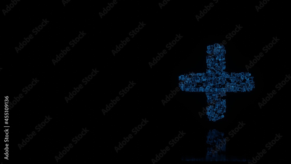 3d rendering mechanical parts in shape of symbol of plus isolated on black background with floor reflection 3d rendering mechanical parts in shape of symbol of plus isolated on black background with floor reflection