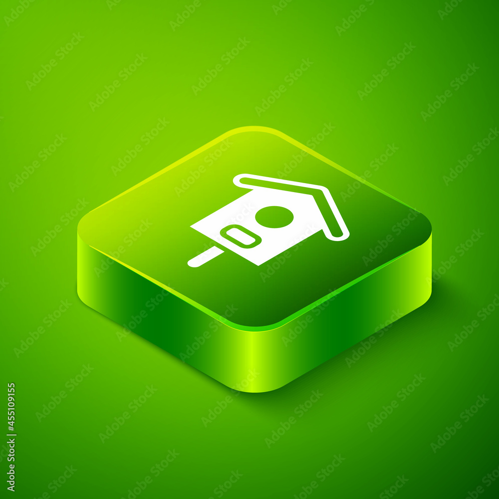 Isometric Bird house icon isolated on green background. Nesting box birdhouse, homemade building for birds. Green square button. Vector Isometric Bird house icon isolated on green background. Nesting box birdhouse, homemade building for birds. Green square button. Vector