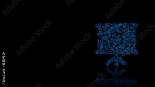 3d rendering mechanical parts in shape of symbol of presentation isolated on black background with floor reflection