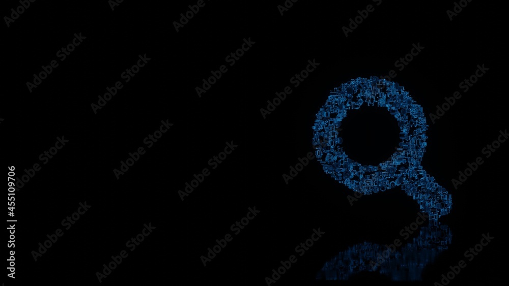 3d rendering mechanical parts in shape of symbol of search isolated on black background with floor reflection