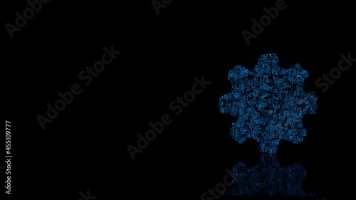 3d rendering mechanical parts in shape of symbol of settings isolated on black background with floor reflection
