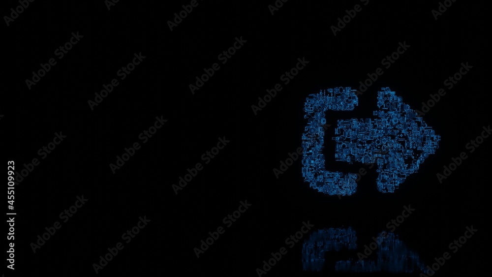 3d rendering mechanical parts in shape of symbol of sign out alt isolated on black background with floor reflection 3d rendering mechanical parts in shape of symbol of sign out alt isolated on black background with floor reflection
