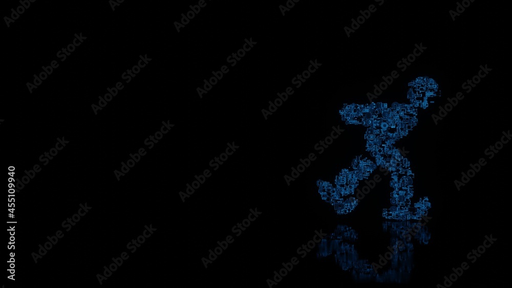 3d rendering mechanical parts in shape of symbol of skating isolated on black background with floor reflection 3d rendering mechanical parts in shape of symbol of skating isolated on black background with floor reflection