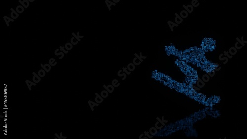 3d rendering mechanical parts in shape of symbol of skiing isolated on black background with floor reflection