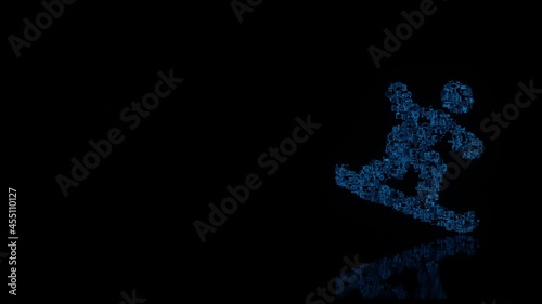 3d rendering mechanical parts in shape of symbol of snowboarding isolated on black background with floor reflection