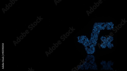 3d rendering mechanical parts in shape of symbol of square root isolated on black background with floor reflection