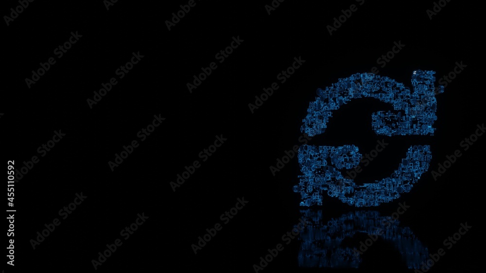 3d rendering mechanical parts in shape of symbol of sync isolated on black background with floor reflection 3d rendering mechanical parts in shape of symbol of sync isolated on black background with floor reflection