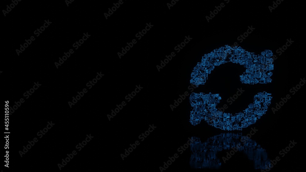 3d rendering mechanical parts in shape of symbol of sync alt isolated on black background with floor reflection