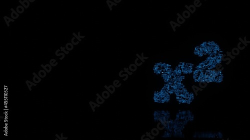 3d rendering mechanical parts in shape of symbol of superscript isolated on black background with floor reflection