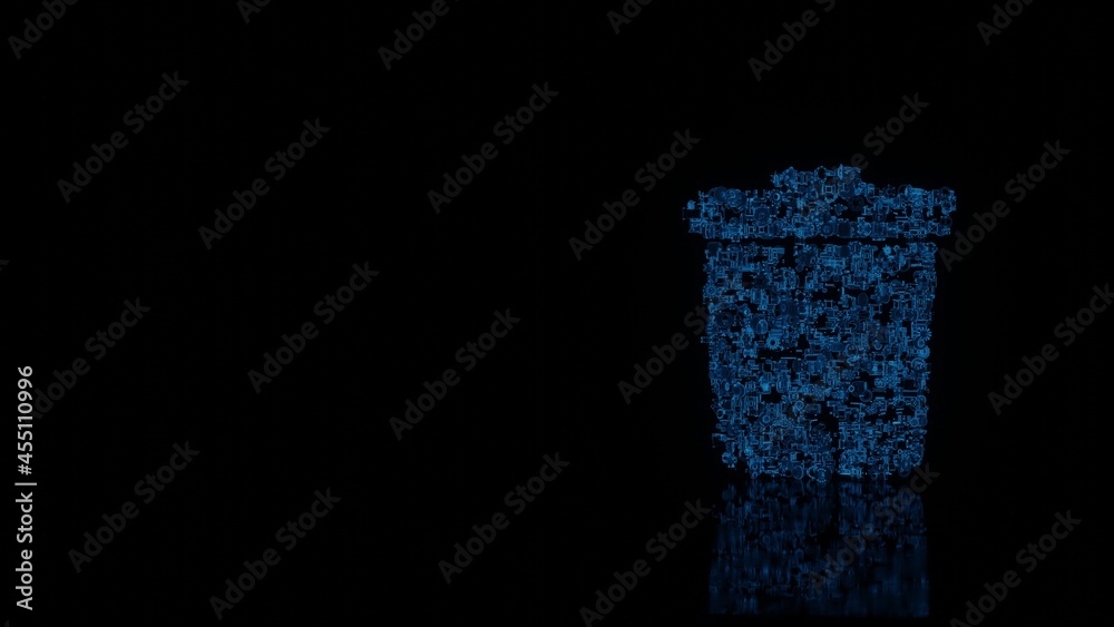 3d rendering mechanical parts in shape of symbol of trash isolated on black background with floor reflection