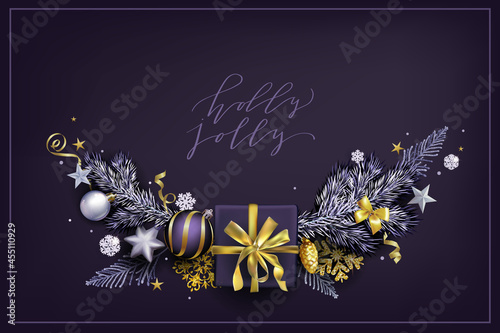 Christmas elegant holiday background with gift boxes and spruce tree branches