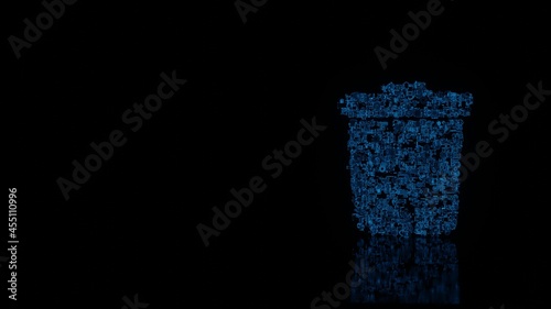3d rendering mechanical parts in shape of symbol of trash isolated on black background with floor reflection