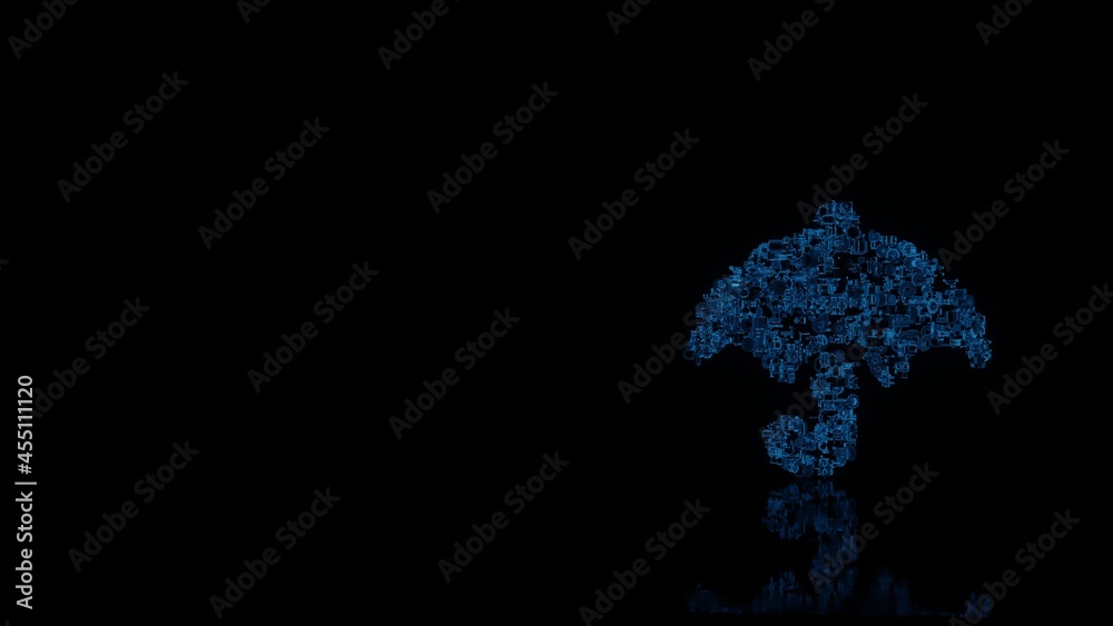 3d rendering mechanical parts in shape of symbol of umbrella isolated on black background with floor reflection