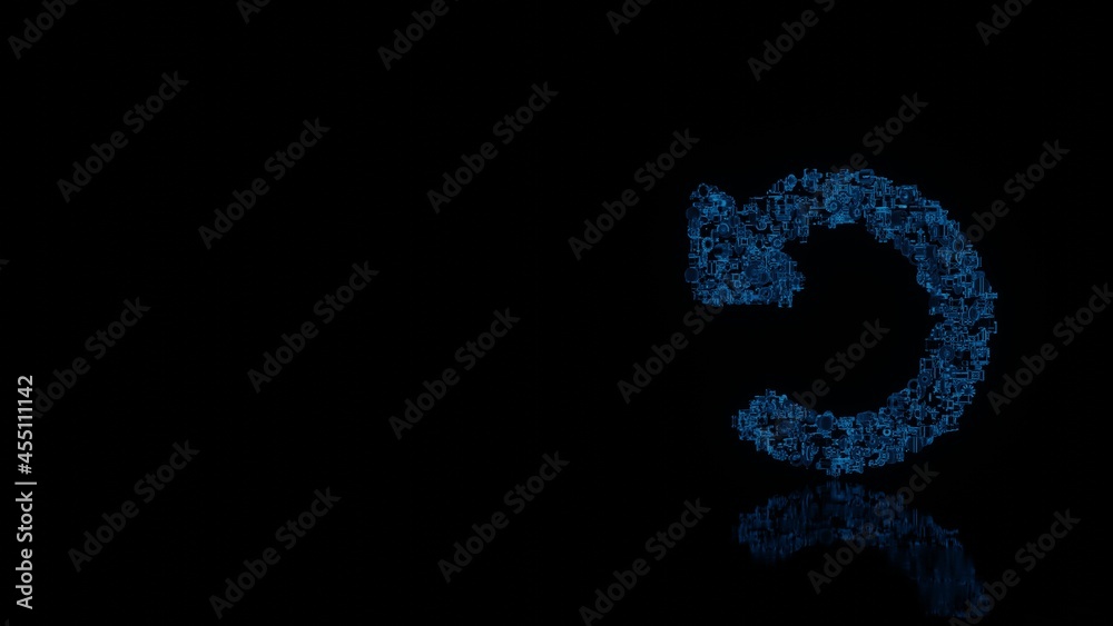 3d rendering mechanical parts in shape of symbol of undo alt isolated on black background with floor reflection 3d rendering mechanical parts in shape of symbol of undo alt isolated on black background with floor reflection