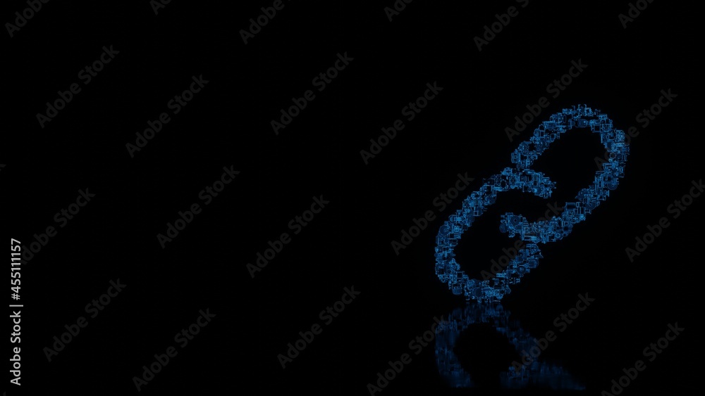 3d rendering mechanical parts in shape of symbol of unlink isolated on black background with floor reflection