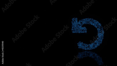 3d rendering mechanical parts in shape of symbol of undo isolated on black background with floor reflection