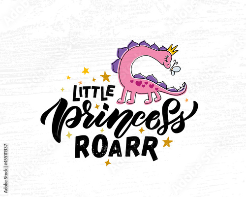 Hand sketched pink dino vector illustration with lettering typography. Concept for children t-shirt print. Pink dino logotype, badge, icon. Dinosaur logo, banner, flyer. eps 10. Vector illustration