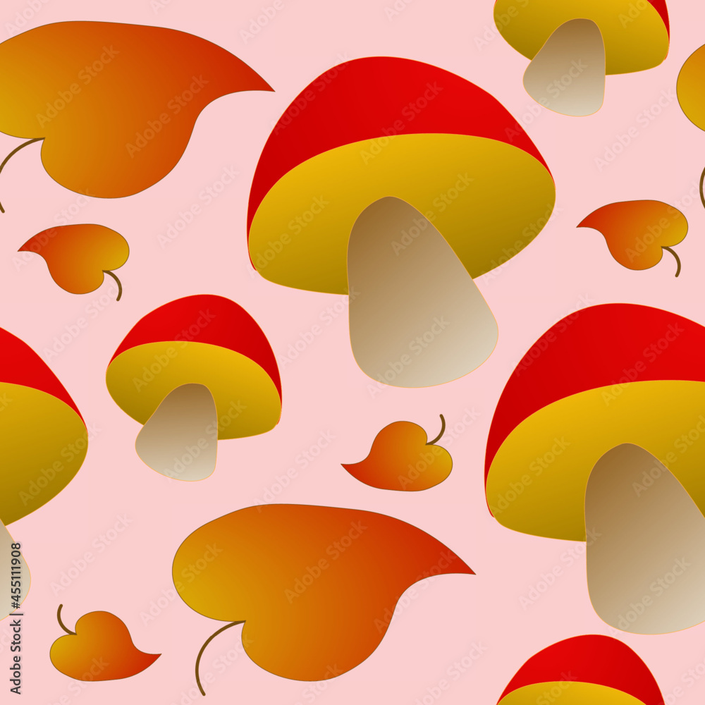 Seamless pattern of abstract mushrooms and autumn leaves on a light pink background for textiles.