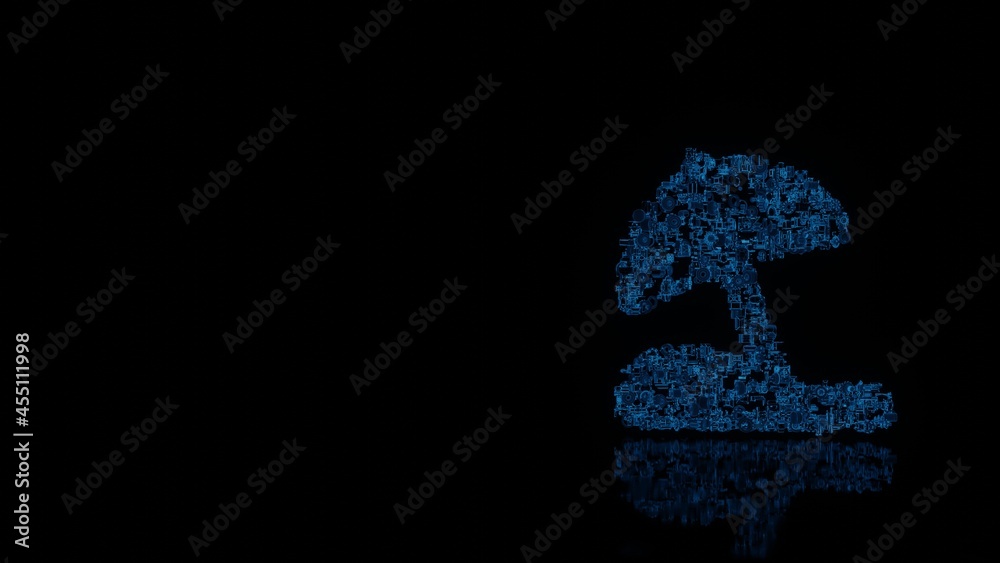 3d rendering mechanical parts in shape of symbol of beach umbrella isolated on black background with floor reflection