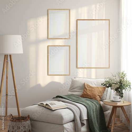 Friendly interior style. living room. Frame mockup. Poster mockup. 3d rendering, 3d illustration