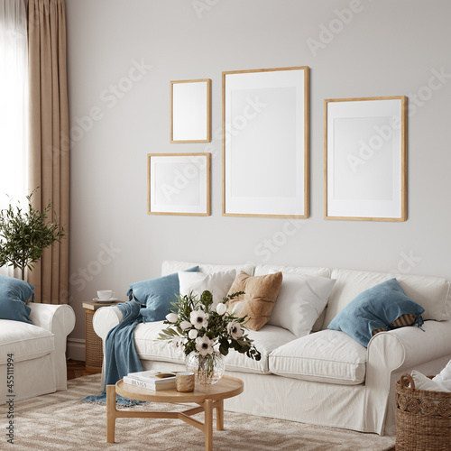Fototapeta Naklejka Na Ścianę i Meble -  Friendly interior style. living room. Frame mockup. Poster mockup. 3d rendering, 3d illustration