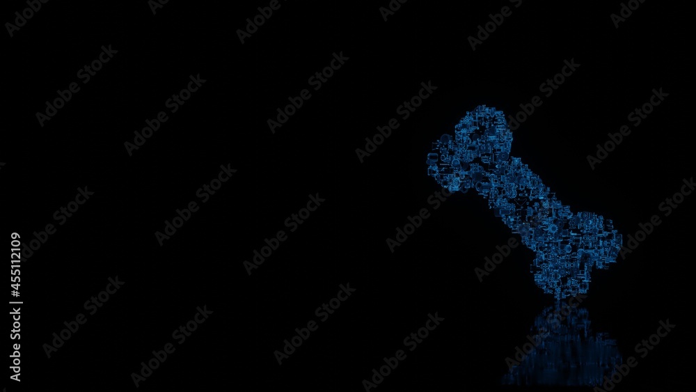 3d rendering mechanical parts in shape of symbol of bone isolated on black background with floor reflection