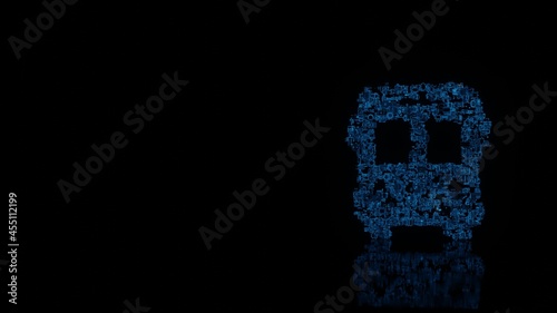 3d rendering mechanical parts in shape of symbol of bus front view isolated on black background with floor reflection