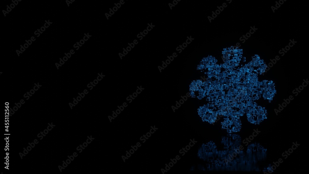 3d rendering mechanical parts in shape of symbol of coronavirus isolated on black background with floor reflection