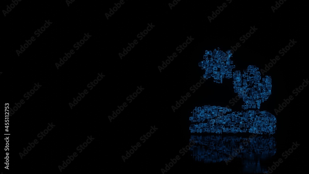 3d rendering mechanical parts in shape of symbol of desert isolated on black background with floor reflection