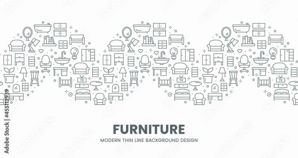 Vector outline furniture background design with thin line symbols for website. 