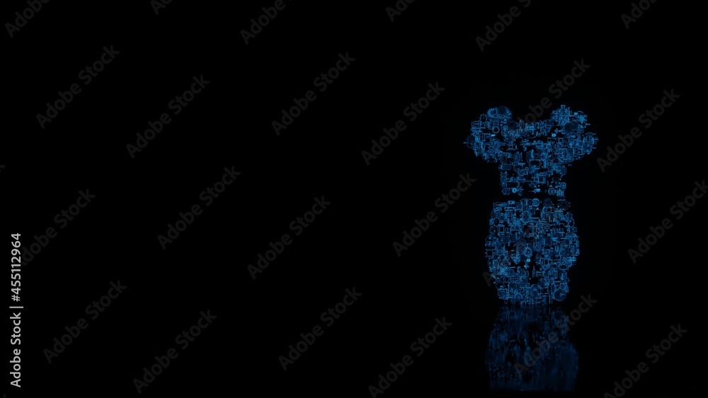 3d rendering mechanical parts in shape of symbol of dress isolated on black background with floor reflection