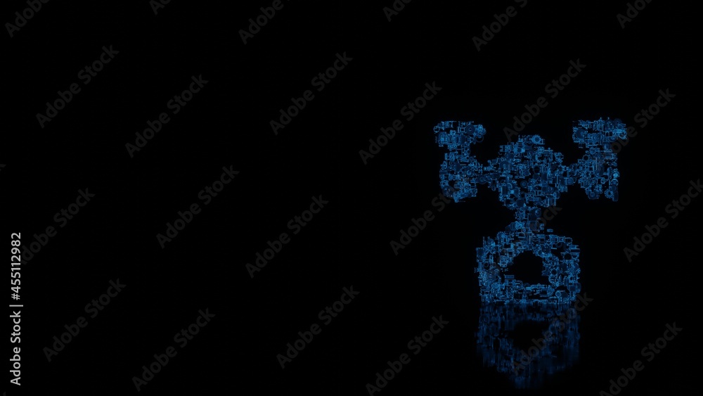 3d rendering mechanical parts in shape of symbol of drone isolated on black background with floor reflection 3d rendering mechanical parts in shape of symbol of drone isolated on black background with floor reflection