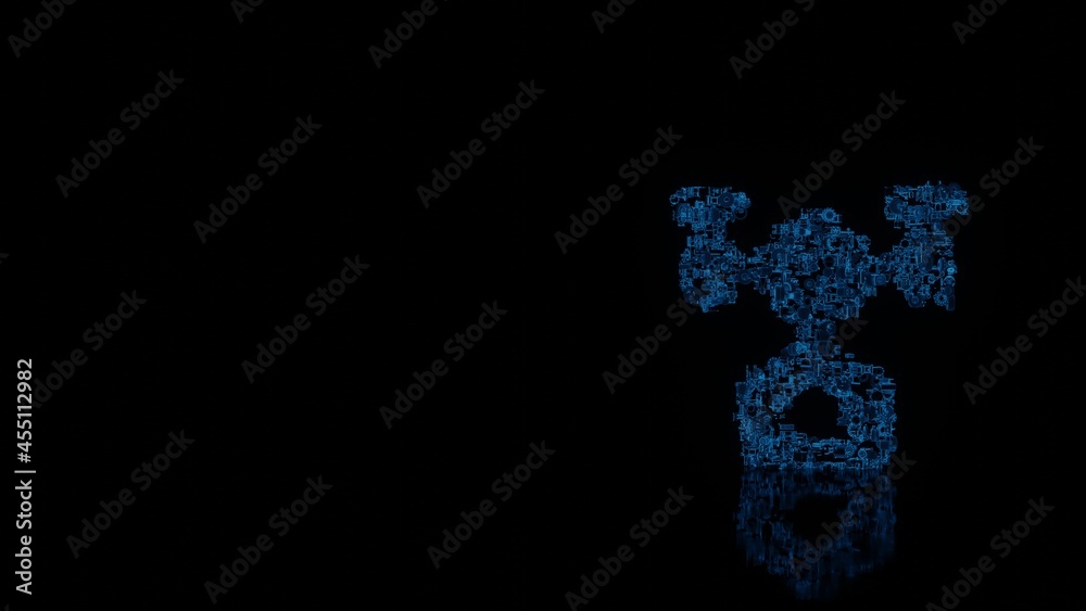 3d rendering mechanical parts in shape of symbol of drone isolated on black background with floor reflection