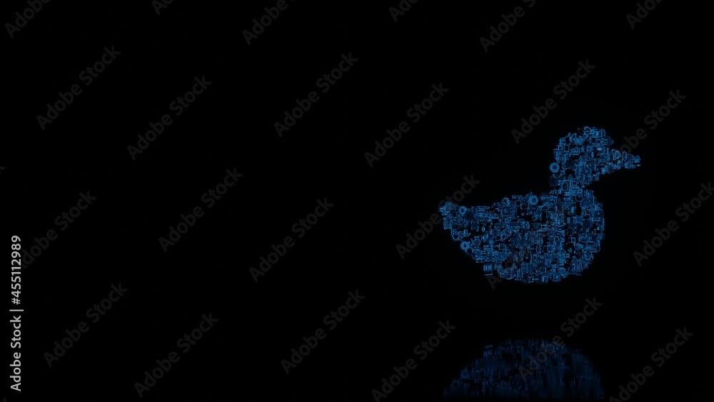 3d rendering mechanical parts in shape of symbol of duck isolated on black background with floor reflection 3d rendering mechanical parts in shape of symbol of duck isolated on black background with floor reflection