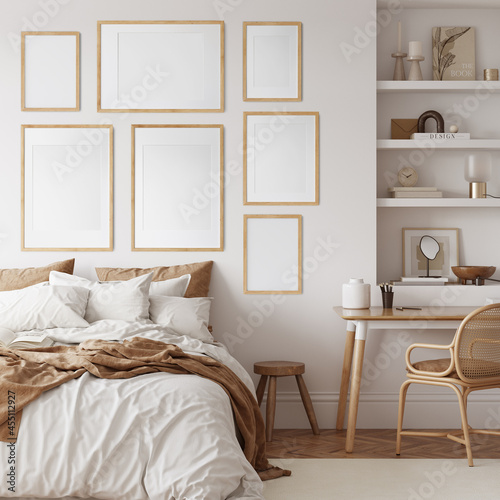 Friendly interior style. Bedroom room. Frame mockup. Poster mockup. 3d rendering, 3d illustration