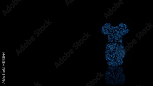3d rendering mechanical parts in shape of symbol of dress isolated on black background with floor reflection