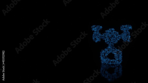 3d rendering mechanical parts in shape of symbol of drone isolated on black background with floor reflection