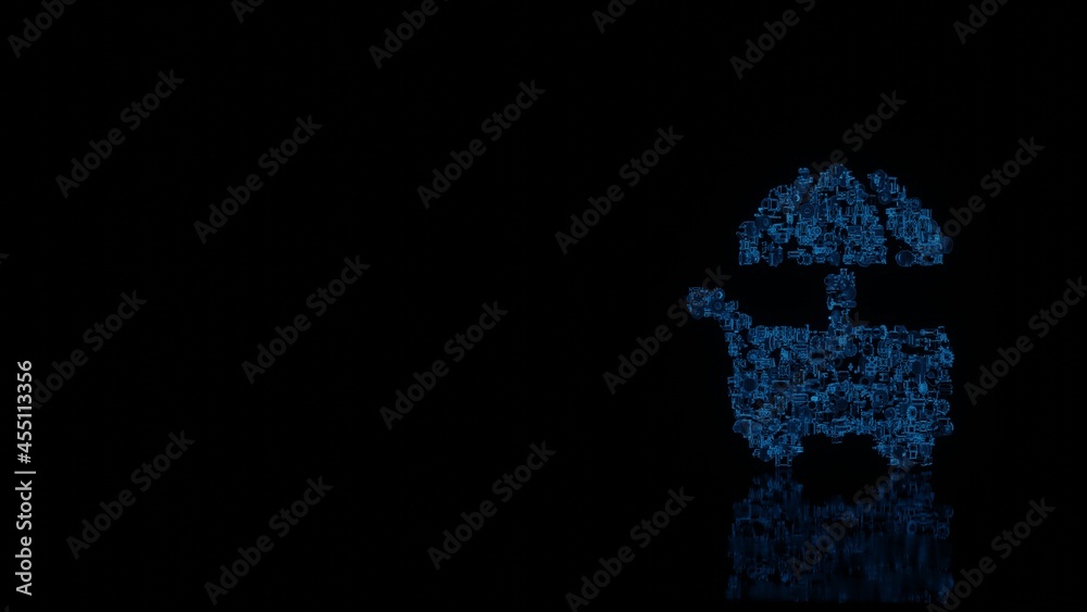 3d rendering mechanical parts in shape of symbol of food stall isolated on black background with floor reflection 3d rendering mechanical parts in shape of symbol of food stall isolated on black background with floor reflection