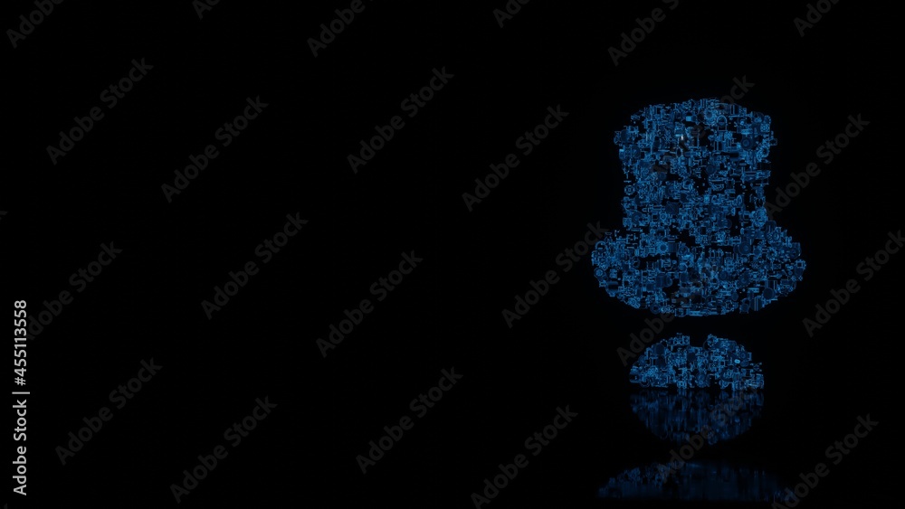 3d rendering mechanical parts in shape of symbol of gentleman isolated on black background with floor reflection