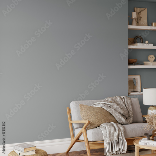 Fototapeta Naklejka Na Ścianę i Meble -  Friendly interior style. living room. Wall mockup. Wall art. 3d rendering, 3d illustration