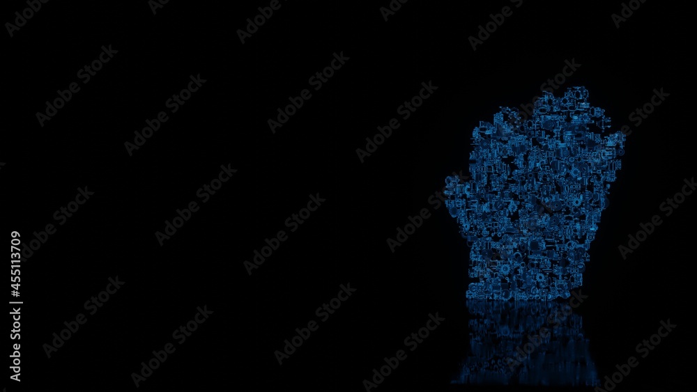 3d rendering mechanical parts in shape of symbol of gloves isolated on black background with floor reflection 3d rendering mechanical parts in shape of symbol of gloves isolated on black background with floor reflection