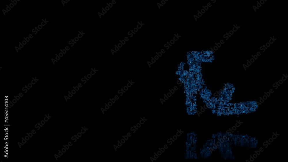 3d rendering mechanical parts in shape of symbol of high heel sandals isolated on black background with floor reflection 3d rendering mechanical parts in shape of symbol of high heel sandals isolated on black background with floor reflection
