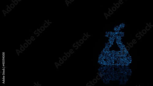 3d rendering mechanical parts in shape of symbol of chemical flask isolated on black background with floor reflection