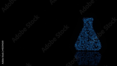 3d rendering mechanical parts in shape of symbol of chemical flask isolated on black background with floor reflection
