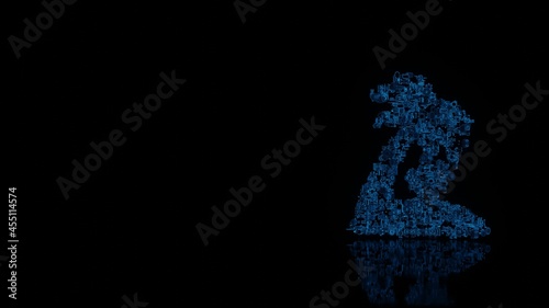 3d rendering mechanical parts in shape of symbol of island with palm trees isolated on black background with floor reflection